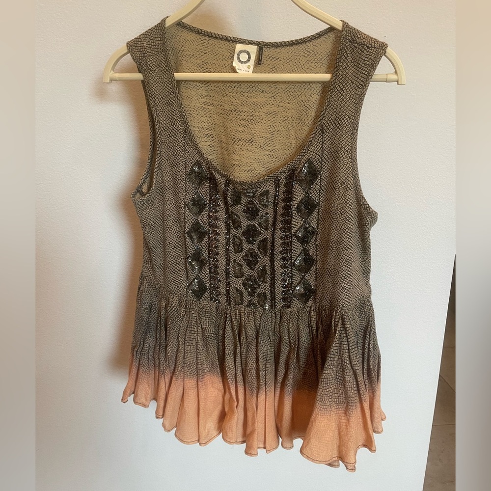 ANTHROPOLOGIE Akemi +Kin Ombre Beaded/Sequin Ruffle Boho Swing Tank Top Blouse